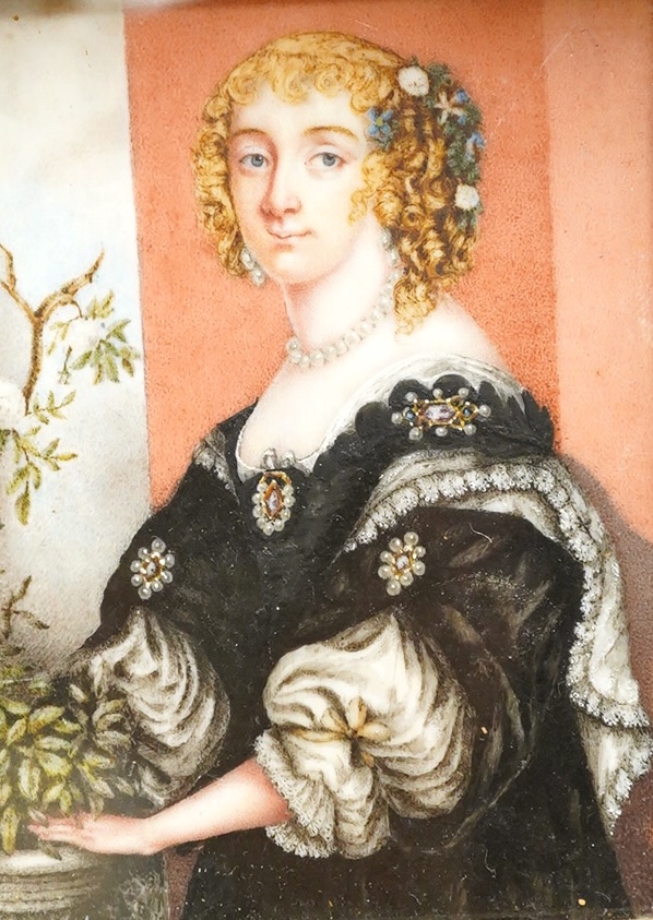 19th century School, Portrait miniature of a lady wearing 17th century dress beside flowers, watercolour on ivory, ornate gilt frame, 9.5 x 7cm IVORY SUBMISSION CQM7G494